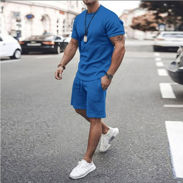 Men's Short Sleeve T-Shirt and Shorts Set Sport Casual Crew Neck Muscle ...