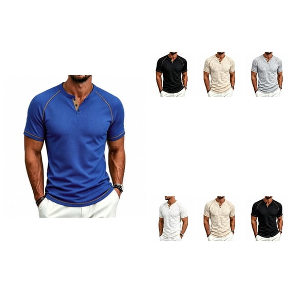 Men's Short Sleeve T-ShirtWaffle Henley , Contrast Stitching Raglan Sleeve Breathable Summer Casual Top,Blue,M