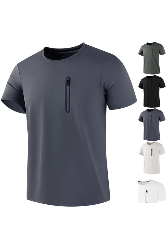 Men's Short Sleeve T-Shirts Performance Zipper Pocket Athletic Tee Quick Dry Workout Top Moisture Wicking Cool Ice Silk Shirt for Running Training Hiking