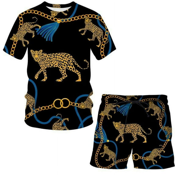 Men's Short Sleeve T Shirts and Shorts Set Gold Chain 3D Digital Printing Sportswear 2 Piece Tracksuit Summer Outfits