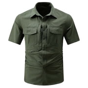 Mens Short Sleeve Tactical Shirts, UPF 50+ Ripstop Military Work Shirts, Breathable Button Down Outdoor Hiking Shirt