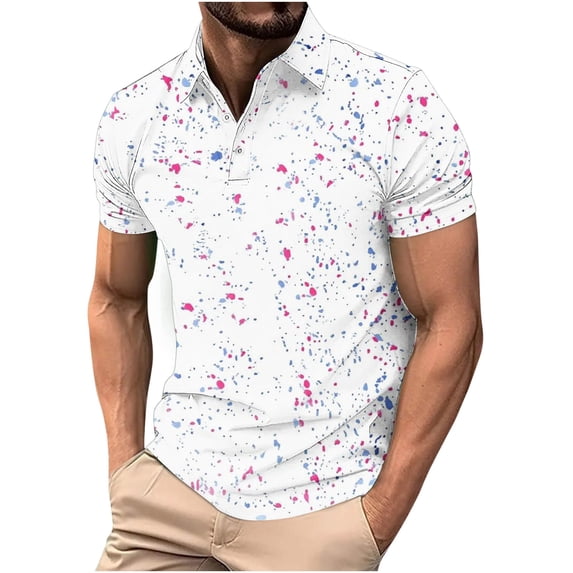 Men's Short Sleeve Tees Lapel Button Down Print Pullover Tops Summer Casual Stylish T Shirts Slim Fit (L, White)