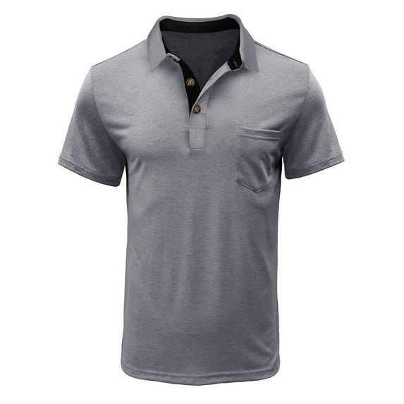 Men's Short Sleeve Tops 3 Buttons Lapel V Neck Casual Shirts Slim Fit Front Pocket Basic Tees Solid T-Shirt Pullovers Gray,S