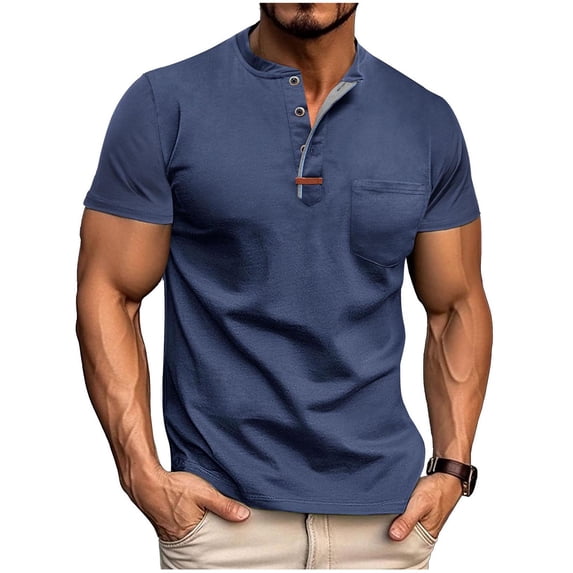 Men's Short Sleeve Tops with Pocket Regular Fit Henley Shirts Solid Color Business Casual Sport Golf Tees (4XL, Dark Blue)