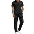 thumbnail image 1 of Men's Short Sleeve Tracksuit Summer V Neck T Shirt & Pants Set Pocket Waffle Knited Solid Two Piece Casual Daily Duty-off Black, 1 of 5