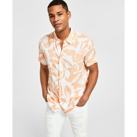 Men's Short-Sleeve Tropical-Print Shirt Retro Palm Peach M