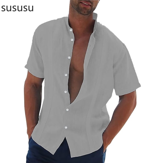 Men's Short Sleeve Tshirts Cotton Lapel Button Down Graphic Lapels Shirts Classic Breathable Tees Lapel Button Tops