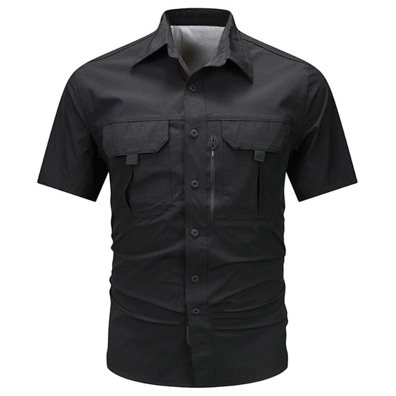 Men's Short Sleeve Uniform Work Shirt – Muti Zipper Pocket, Lightweight,Breathable, Underarm & Yoke Mesh Vent, Lightweight Workwear Big and Tall Size M-4XL Black
