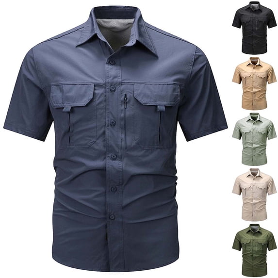 Men's Short Sleeve Uniform Work Shirt – Muti Zipper Pocket, Lightweight,Breathable, Underarm & Yoke Mesh Vent, Lightweight Workwear Big and Tall Size M-4XL Khaki