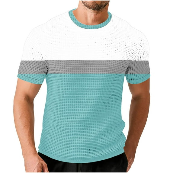 Mens Waffle Knit T Shirt Short Sleeve Color Block Tee Crew Neck Casual Summer Tops Lightweight Breathable Thermal Soft Stretch Athleisure Shirts Big and Tall