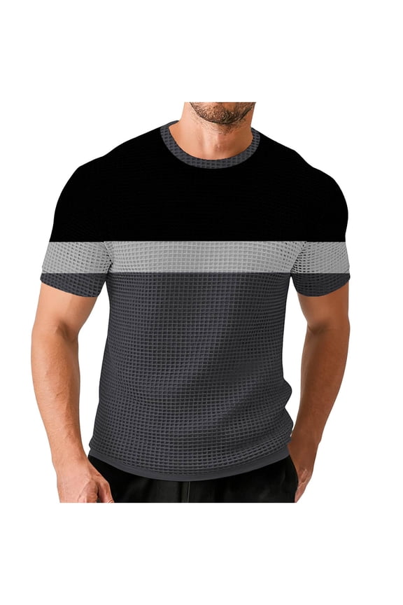 Men's Short Sleeve V Neck Shirt Waffle Knit Old Money Style Textured Tee, Summer Solid Color Regular Fit Quick Dry Stretch Pullover Tops for Casual Daily Wear Vacation Home, Plus Size