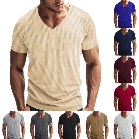 Men’s Short Sleeve V Neck Solid Color Textured T-Shirt Casual Fashion Top