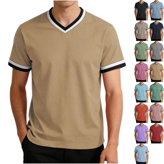 Men's Short Sleeve V Neck T-Shirt Athletic Mesh Performance Workout Tops Striped Quick Dry Moisture Wicking Tee Breathable Jersey Style Fitness Shirt for Jogging