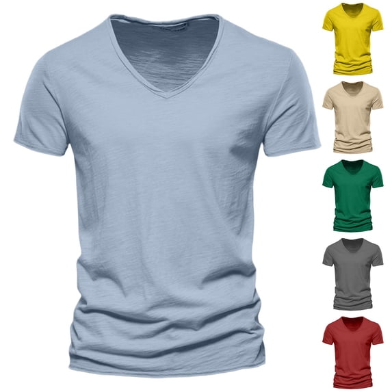 Men’s Short Sleeve V Neck T-Shirt Solid Color Cotton Casual Fashion Top