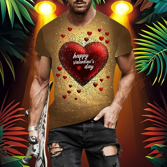 Men's Short Sleeve Valentine's Day T-Shirt Love Round Neck Casual Valentine Print Top Gold XL