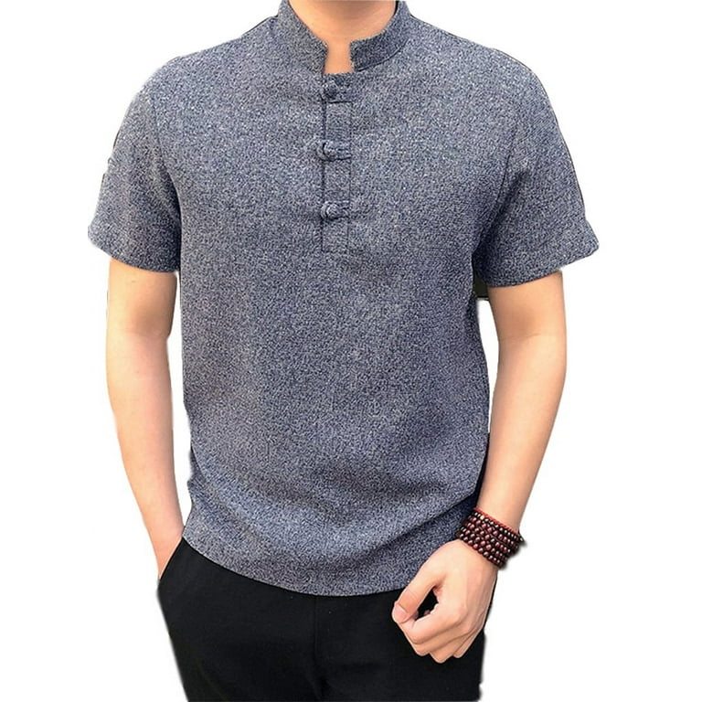 Men's Short Sleeve Vintage Casual Dress Shirts Polyester Tee Tops