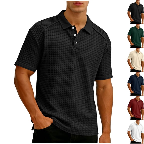 Men's Short Sleeve Waffle Knit Golf Shirt Raglan Tee Moisture Wicking 3-Button Placket Collared Top Summer Casual Business Performance Tennis Shirt Solid Color Classic Fit