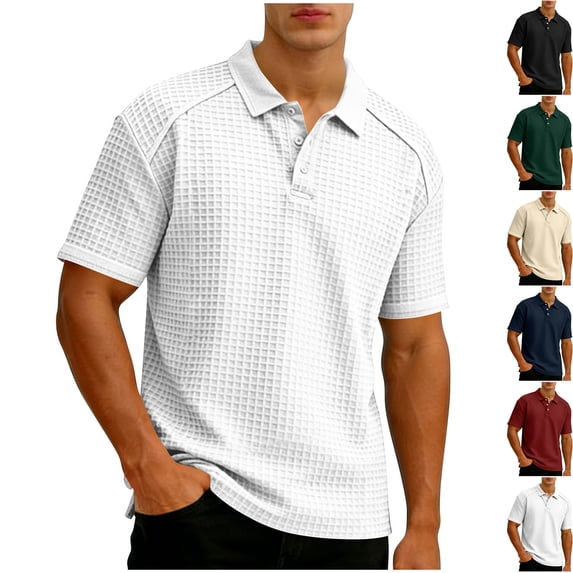 Men's Short Sleeve Waffle Knit Golf Shirt Raglan Tee Moisture Wicking 3-Button Placket Collared Top Summer Casual Business Performance Tennis Shirt Solid Color Classic Fit