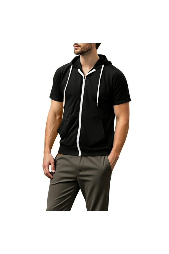 Men's Short Sleeve Zip Hoodie - Lightweight Summer Pullover | Loose Fit with Kangaroo Pocket & Full-Zip Front