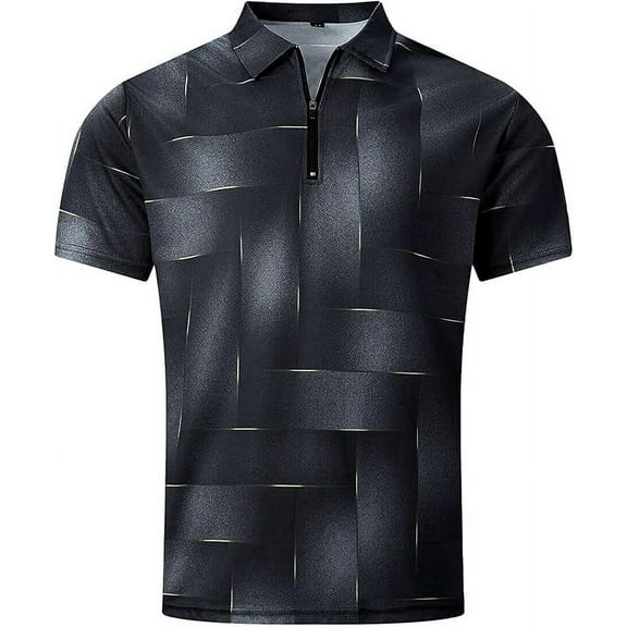 Men's Short Sleeve Zipper Casual Slim Fit Printed Golf Polo Shirt Tops Black L