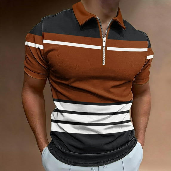 Men's Short Sleeve Zipper Polo Shirt Color Blocking Tops