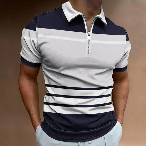 Men's Short Sleeve Zipper Polo Shirt Color Blocking Tops