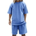 thumbnail image 1 of Men's Short Tracksuit, Summer 2 Piece Outfit Sweatsuit Solid Color Short Sleeve T-Shirt Drawstring Shorts Outfits with Pockets Summer Two Piece Sets for Women Light Blue L, 1 of 9