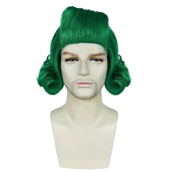 Men's Short Wavy Bright Green Synthetic Curly Cosplay Wig for Retro Theme Parties Halloween Costume Accessory