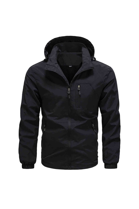 Men's Short Windbreaker Jackets with Multi-Zip Pocket Hooded Softshell Windbreaker Light Water Resistant Chest Zipper Pocket Jogging Cycling Jacket for Men Black M