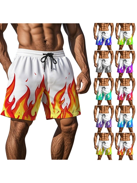 Men's Shorts Athletic Mens Casual Shorts Men's Casual Homewear Flame Printing Funny Printed Trousers Beach Sports Shorts Fast-Drying Trousers Yellow M