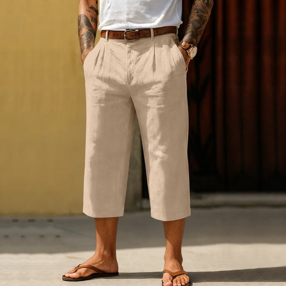 Men's Shorts Casual Cotton Linen Button Elastic Waist Summer Beach Golf Shorts with Pockets Beige M