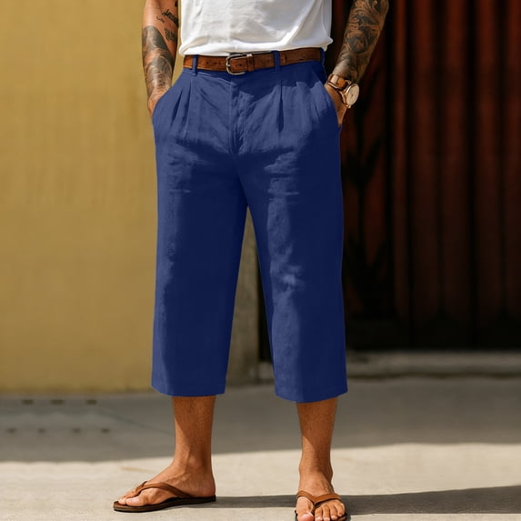 Men's Shorts Casual Cotton Linen Button Elastic Waist Summer Beach Golf Shorts with Pockets Dark Blue L
