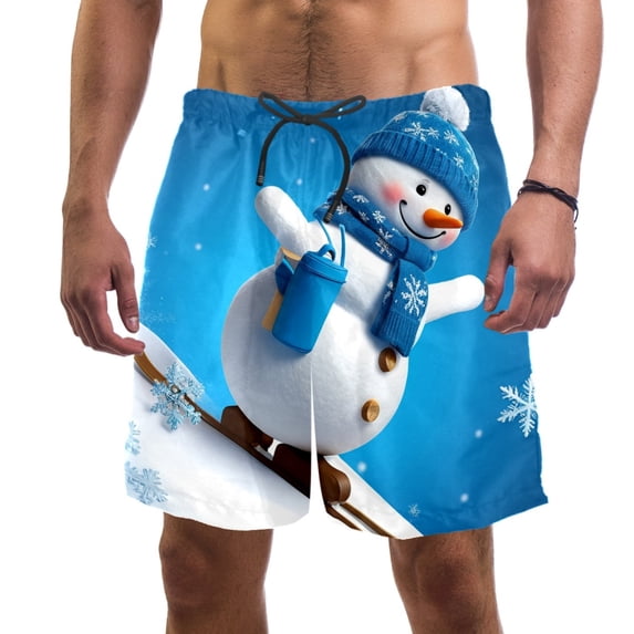 Men's Shorts Casual Elastic Waist Drawstring Summer Beach Shorts,Ski Snowman Snowflake,S