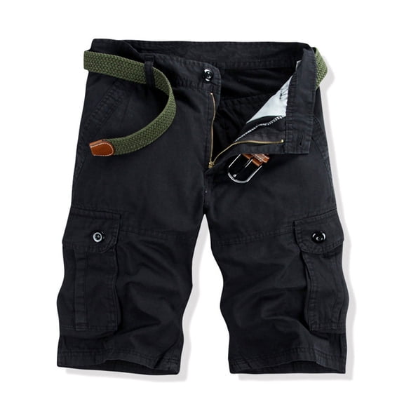 Men's Shorts Casual Solid Fashion Zipper Button Pockets Cropped Cargo Shorts Chores Para Hombre Black S