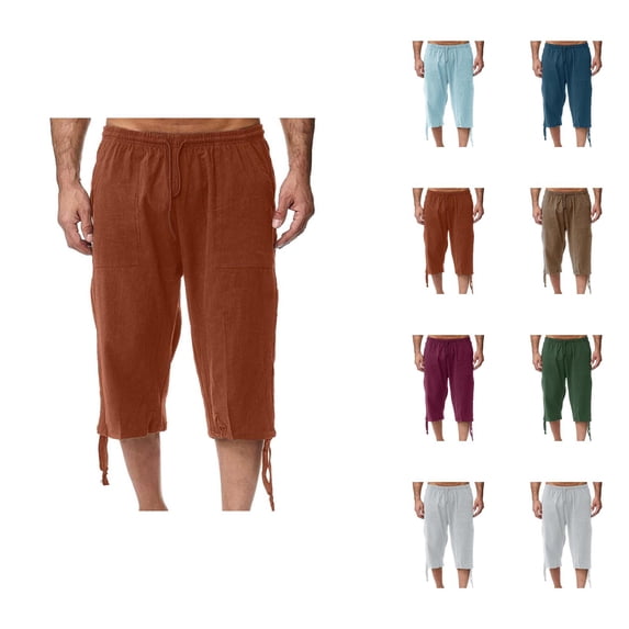 Men's Shorts Linen Blend Capris, Elastic Waist 7 Inch Inseam Shorts for Men, Summer Casual Cotton Shorts with Pockets, Lightweight Chino Shorts for Work or Beach Days M-4XL