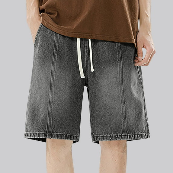 Men's Shorts Plus Size Loose Jeans Casual Fashion Solid Color Elastic Waistband Drawstring Shorts Summer Denim Pants