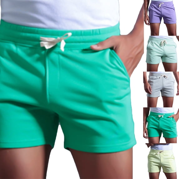 Men's Shorts Solid Cotton Three-point Pants Sports Elastic Mid-waist Lace-up Shorts Casual Shorts for Men Green L