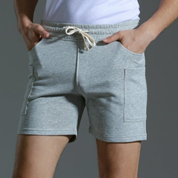 Men's Shorts Solid Fashion Pockets Cotton Sports Elastic Mid-waist Lace-up Shorts Casual Shorts for Men Gray S