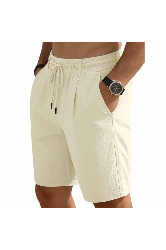 Men's Shorts with Pockets and Drawstrings Big and Tall Solid Color Linen Short Pants Pocket Elastic Waist Loose Exercise Beach Shorts