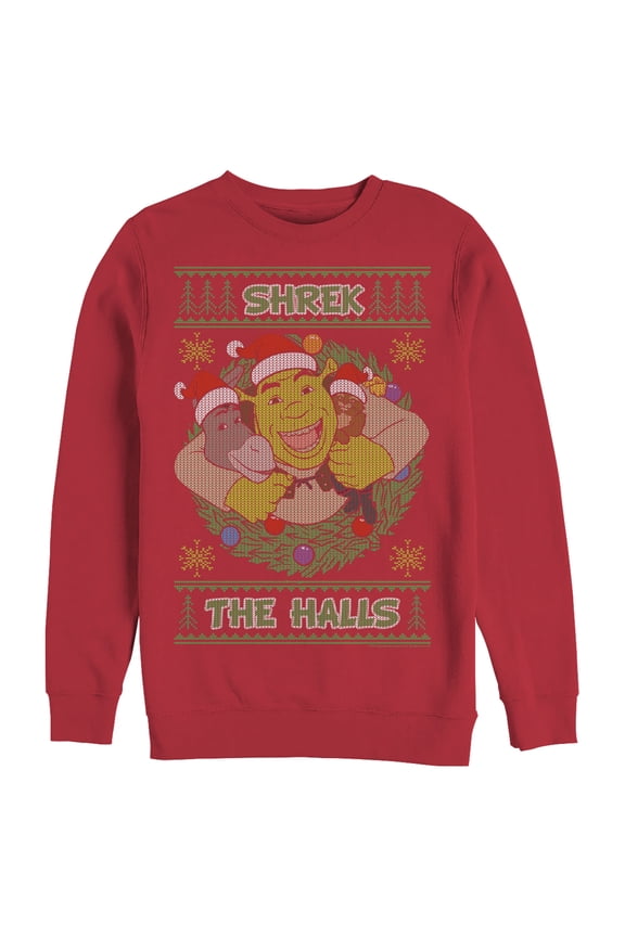 Men's Shrek Ugly Christmas Deck the Halls Sweatshirt Red Large