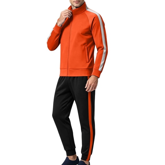Men's Side Stripe 2 Piece Warm up Tracksuit, Full Zip Stand Collar Jacket & Jogger Pants, Athletic Running Gym Activewear Set for Men