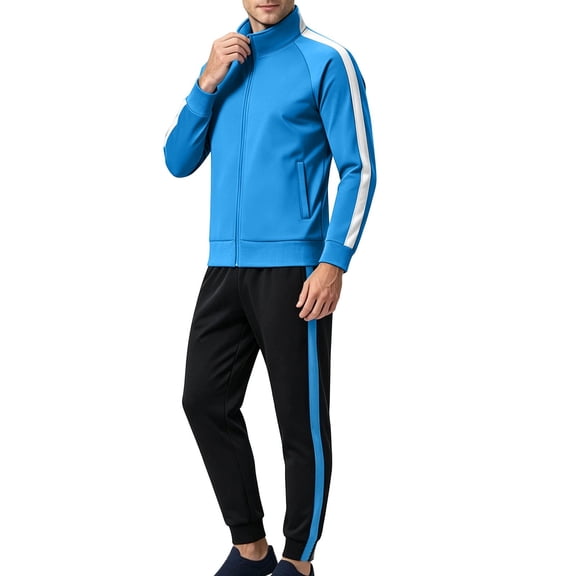 Men's Side Stripe 2 Piece Warm up Tracksuit, Full Zip Stand Collar Jacket & Jogger Pants, Athletic Running Gym Activewear Set for Men