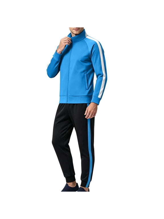 Men's Side Stripe 2 Piece Warm up Tracksuit, Full Zip Stand Collar Jacket & Jogger Pants, Athletic Running Gym Activewear Set for Men