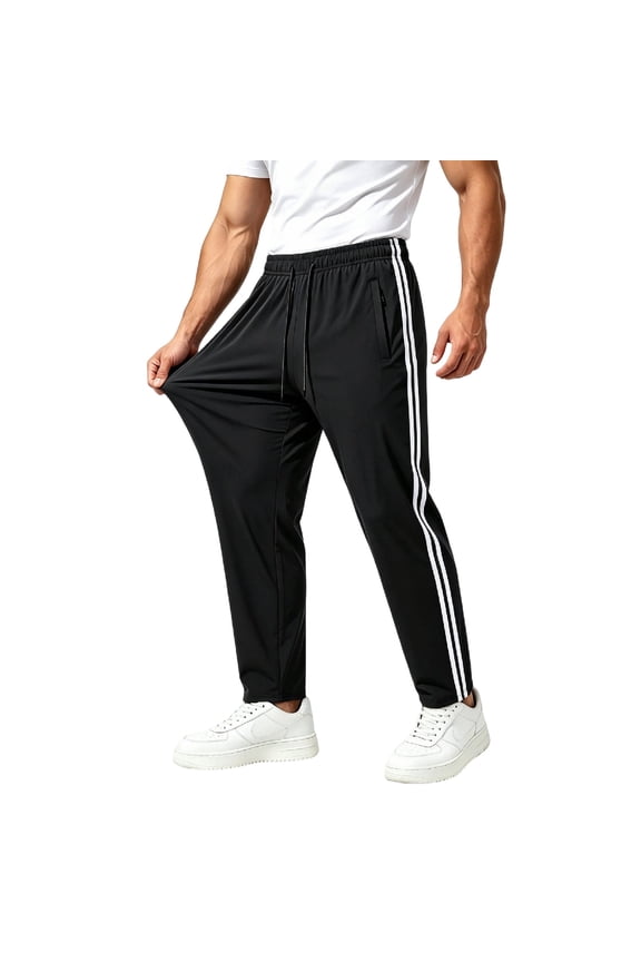 Men's Side Stripe Jogger Sweatpants Athletic Drawstring Waist Lightweight Pants Breathable Workout Trousers with Zipper Pockets for Running Gym Hiking