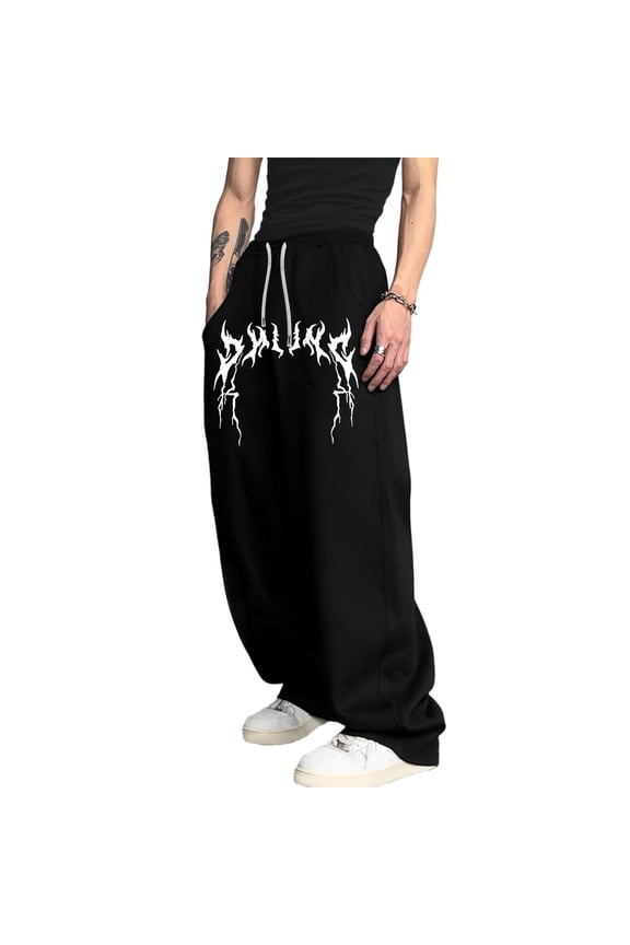 Men's Side Thorn Mini Logo Print Baggy Gothic Sweatpants Y2k Pants Mens Goth Graphic Pants Streetwear Drawstring Waist Wide Leg Joggers for Casual Outdoor Daily Wear
