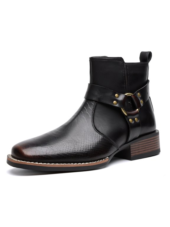 Men's Side Zip Ankle Chelsea Dress Boots, Adult Male Pointed Toe Croc Embossed Footwear with Decorative Strap and Stacked Block Heel for Formal and Evening Occasions