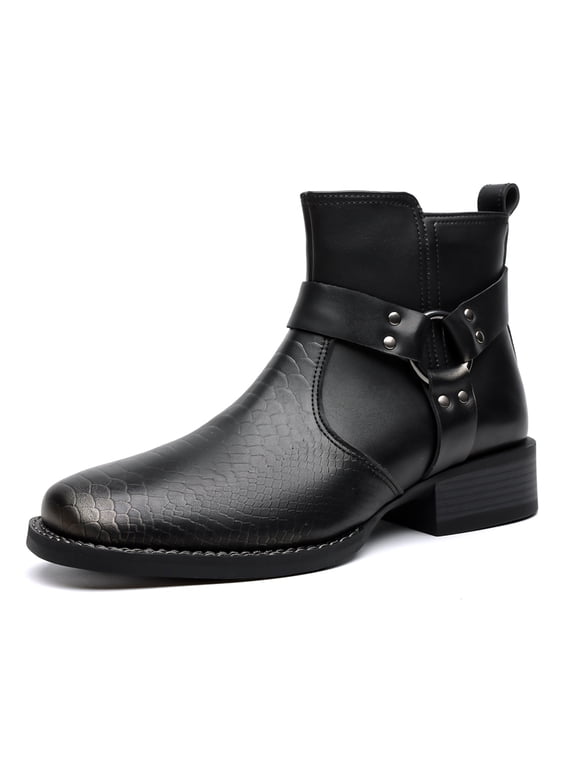 Men's Side Zip Ankle Chelsea Dress Boots, Adult Male Pointed Toe Croc Embossed Footwear with Decorative Strap and Stacked Block Heel for Formal and Evening Occasions