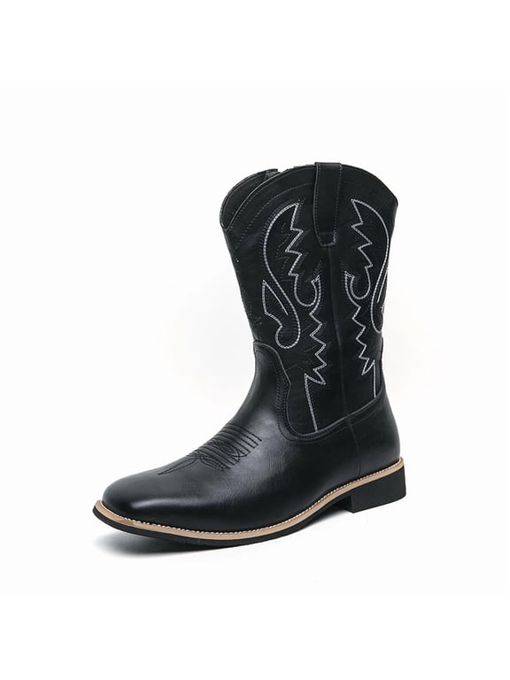 Men's Side‑Zip Mid‑Calf Western Cowboy Boots, Square Toe Decorative Stitching Pull‑Loop Details Low Block Heel Outsole For Daily Wear And Themed Casual Occasions