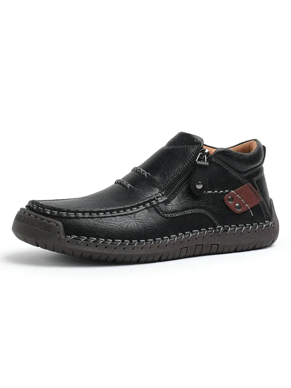 Men’s Side Zipper Leather Casual Outdoor Shoes, Hand Sewn Stitching Slip Resistant Flat Loafers, Wide Fit Plus Size All-Day Comfort Walking Footwear