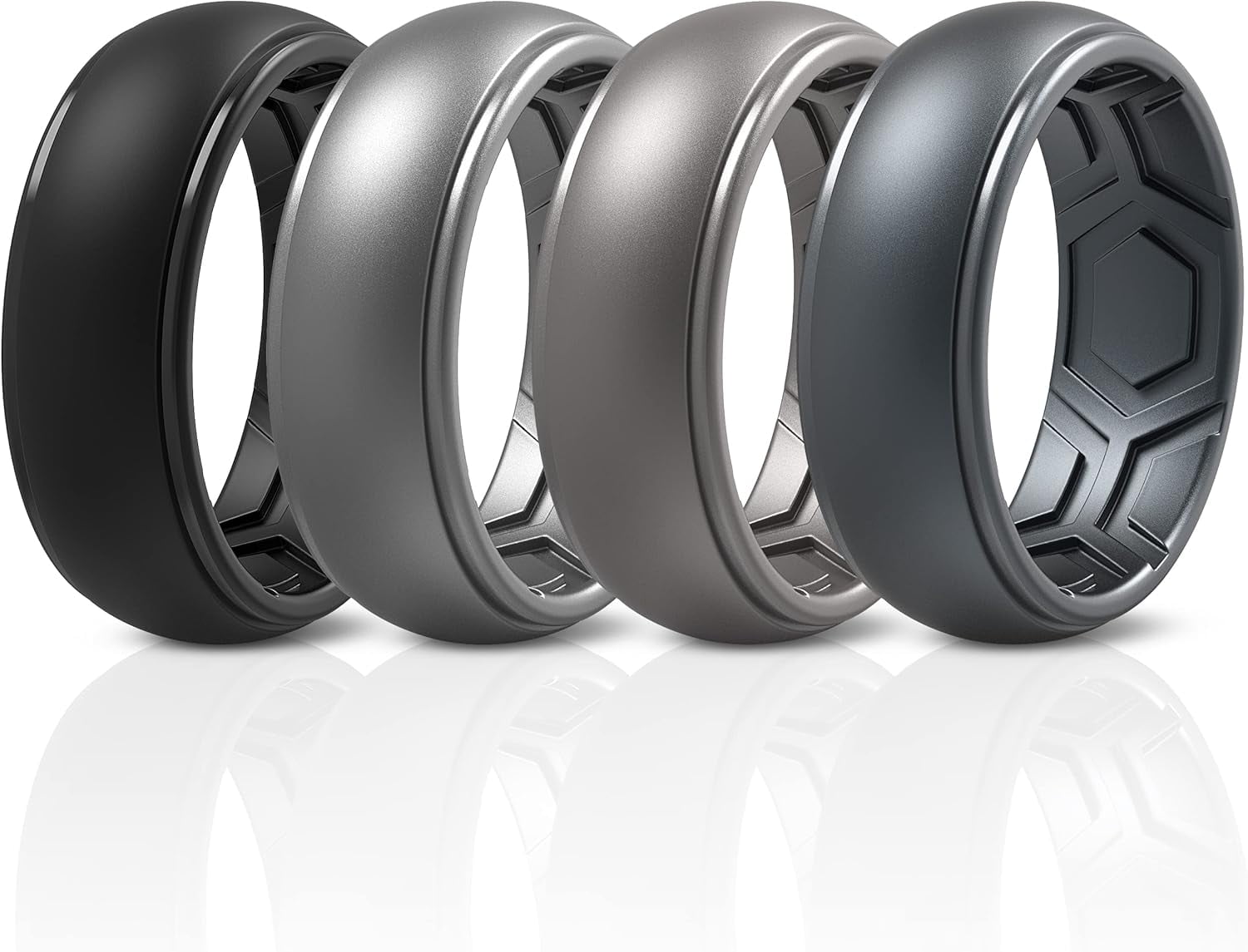 ZZZL Men's Silicone Ring, Breathable Step Edge Rubber Engagement Ring 8.4mm Width 2.2mm Thickness - 1/4/7 Assorted Multipacks Package D: Charcoal Black, Dark Silver, Metallic Blue, Metallic Platinum